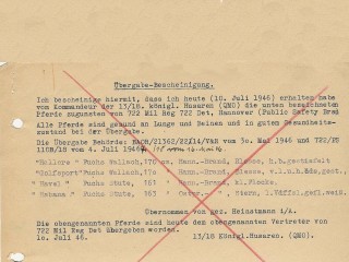 Übergabe-Bescheinigung über Dienstpferde von 1946